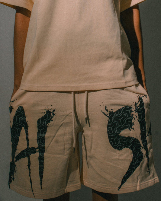 Beige t-shirt and shorts set with black graphic design on a gray background